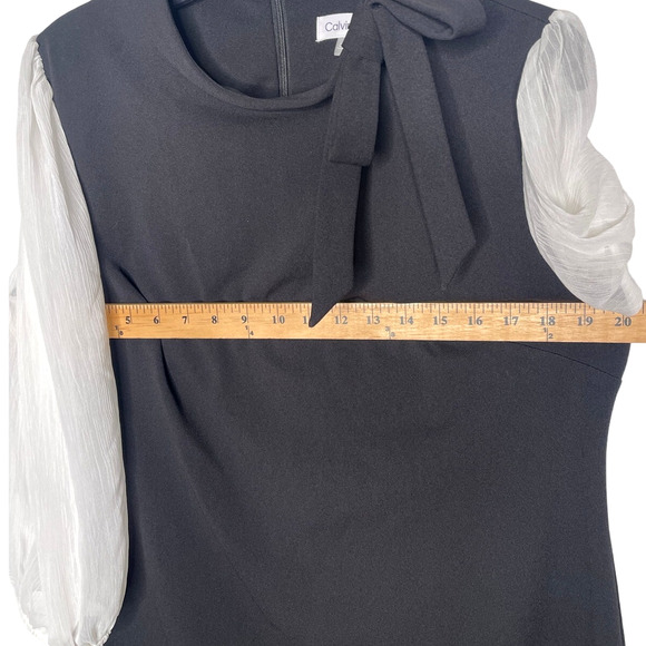 Calvin Klein 14 Illusion $99 Bow Tie Neck Sheer Long Sleeve Dress Black White - Picture 6 of 9